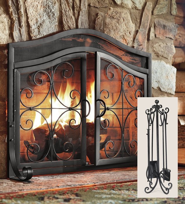 Large Crest Fireplace Screen With Doors And Tool Set, in Black