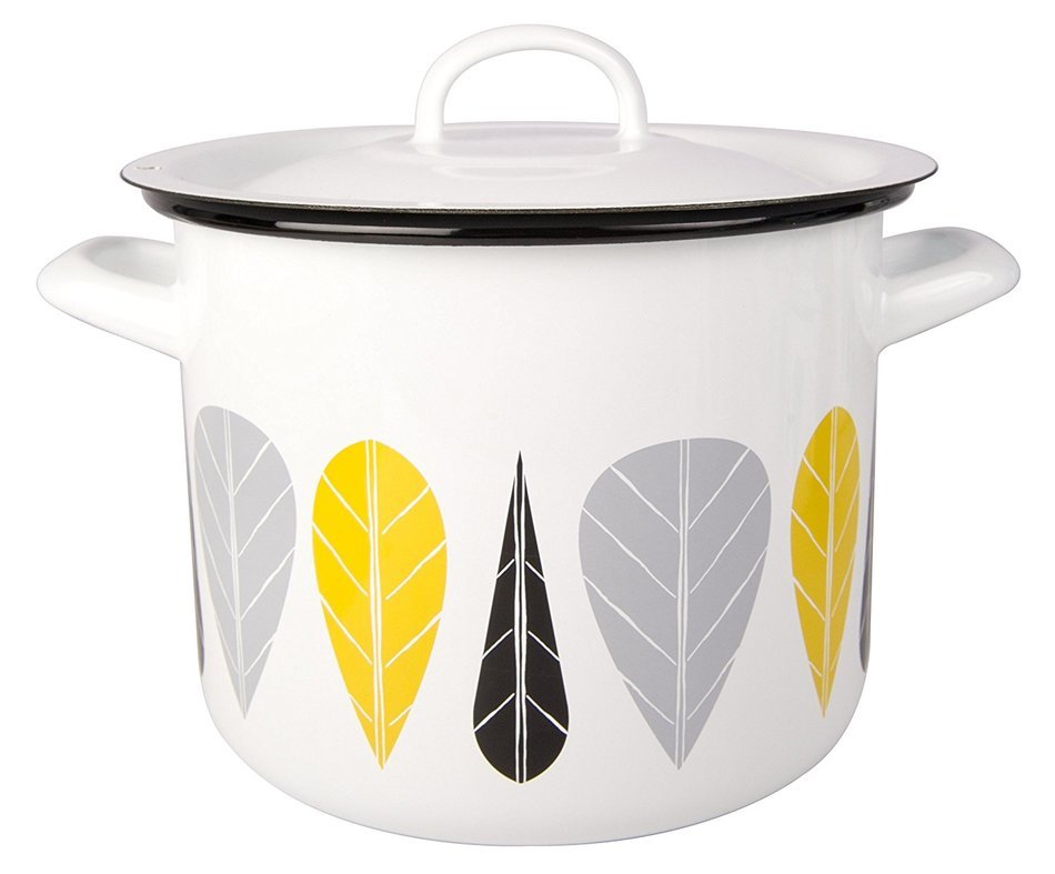 Muurla Leaves Series Enamel Casserole With Lid, 3-1/2-Quarts, White, Yellow, Black and Grey