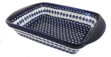 Polish Pottery Flowering Peacock Rectangular Baker with Handles