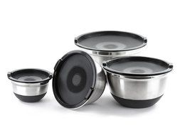 Stainless Steel German Mixing Bowls / Food Storage Containers in Set of 4 with Lids and Non-Skid Silicone Base N5