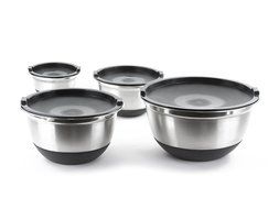 Stainless Steel German Mixing Bowls / Food Storage Containers in Set of 4 with Lids and Non-Skid Silicone Base N6