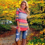 AIMTOPPY Fashion Women Stripe Loose Blouse Ladies Casual Tops T-Shirt (S, Red) N10