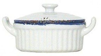 Stoneware Distressed Blue &amp; White Oval Dish w/ Cover, Set of 4 - 6oz. - 5.5"L