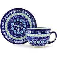 Ceramika Bona H7380G Polish Pottery Ceramic Cup with Saucer Hand Painted, 7-Ounce