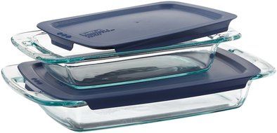 Pyrex Easy Grab 4-Piece Value Pack, Includes 1-each 3-QT Oblong, 2-QT Oblong, with Blue Plastic Covers