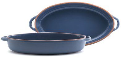 Marine Blue Glazed Terracotta Ceramic Oval Casserole, 13"Lx7.5"Wx2"H