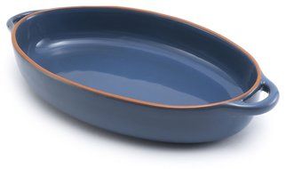 Marine Blue Glazed Terracotta Ceramic Oval Casserole, 13"Lx7.5"Wx2"H N2