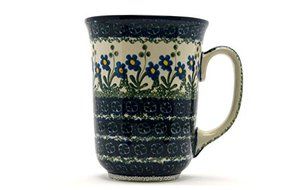 Polish Pottery Mug - 16 oz. Bistro - Blue Spring Daisy