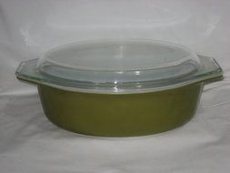 2 Piece Set - Vintage Verde Olive Green 2 1/2 Oval Cinderella Casserole Baking Dish w/ Clear Lid USA
