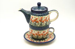 Polish Pottery Tea Time for One - Peach Spring Daisy