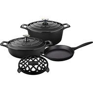 La Cuisine LC 2840 6 Piece Enameled Cast Iron Round Casserole/Trivet Cookware Set, Slate Black