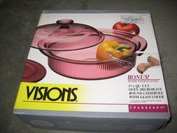 1994 Corning Visions Cranberry 1 1/2 Quart Round Casserole Microwave &amp; Oven Baking Dish w/ 1 Glass Lid &amp; 1 Plastic...