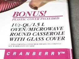 1994 Corning Visions Cranberry 1 1/2 Quart Round Casserole Microwave &amp; Oven Baking Dish w/ 1 Glass Lid &amp; 1 Plastic... N2