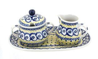 Polish Pottery Saffron Small Cream &amp; Sugar Set with Tray