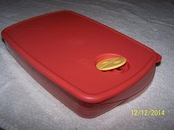 Tupperware Rectangular Rock N Serve Dish Sheer Orange 6cup with Orange Seal and Yellow Vent N2