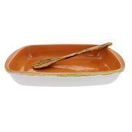 French Home 17" Stoneware Baker and Olive Wood Spoon, White and Natural Wood Grain