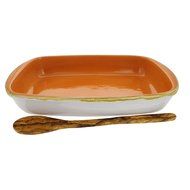 French Home 17" Stoneware Baker and Olive Wood Spoon, White and Natural Wood Grain N2