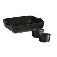 Emile Henry Lasagna/Roasting Dish 13.75" x 10" W/ 2 Bonus Ramekins, Charcoal