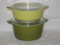 4 piece Set - Vintage Light Yellow 1 Pint &amp; 1 Quart Verde Green Casseroles Baking Dishes w/ Clear Lids