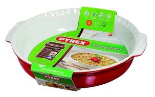 Pyrex 26 cm Round Stoneware Impressions Pie Dish with Handles, Red N2