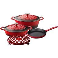 La Cuisine LC 2900 6 Piece Enameled Cast Iron Oval Casserole/Trivet Cookware Set, Red