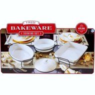 Ceramic 7-Piece Bakeware Serving Set with Metal Rack and Handles, White