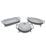 Ceramic 7-Piece Bakeware Serving Set with Metal Rack and Handles, White N4