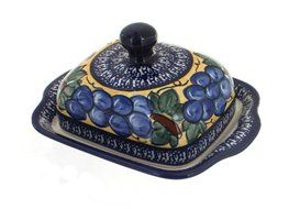 Polish Pottery Grapes Butter Dish with Cobalt Trim