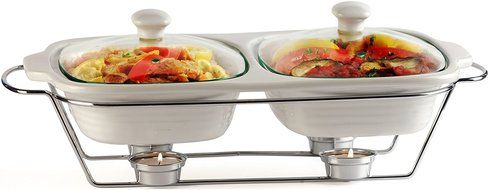 Circleware Ceramic Chafer Double Buffet Server/warmer/baker Serving Tray with Glass Lid and Chrome Metal Serving...