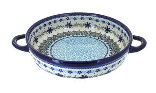 Polish Pottery Winter Celebration Small Round Baker with Handles