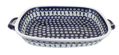 Polish Pottery Peacock Large Baker with Handles
