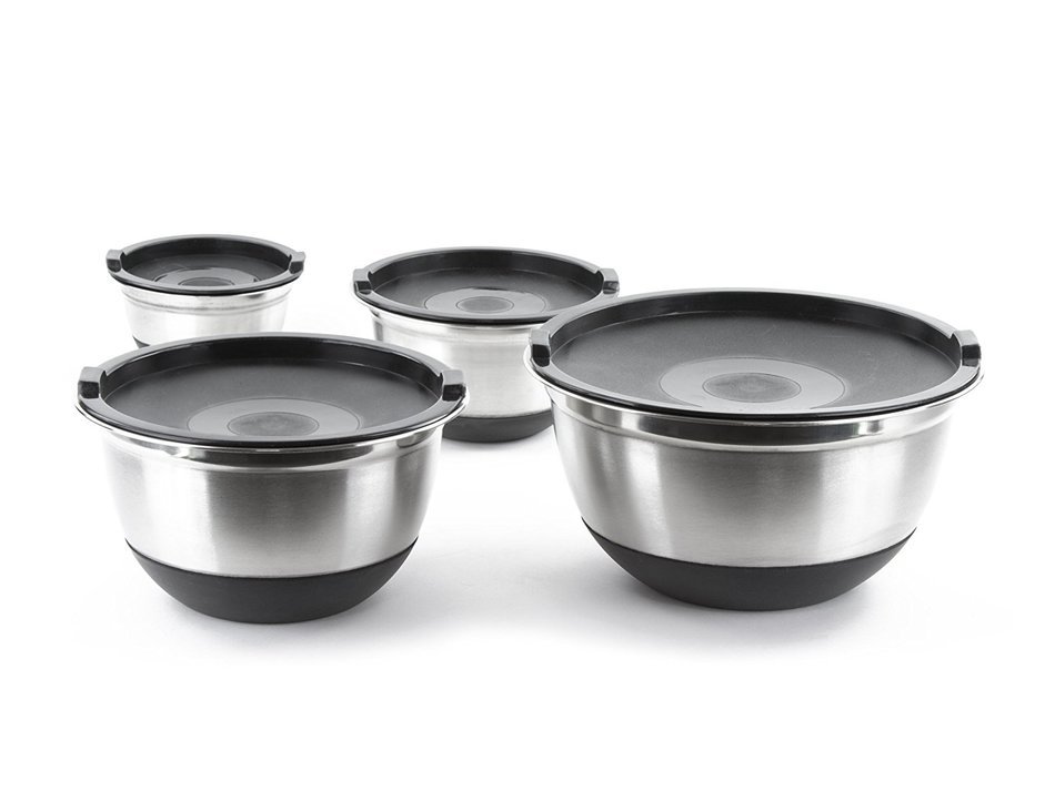 Stainless Steel German Mixing Bowls / Food Storage Containers in Set of 4 with Lids and Non-Skid Silicone Base N6