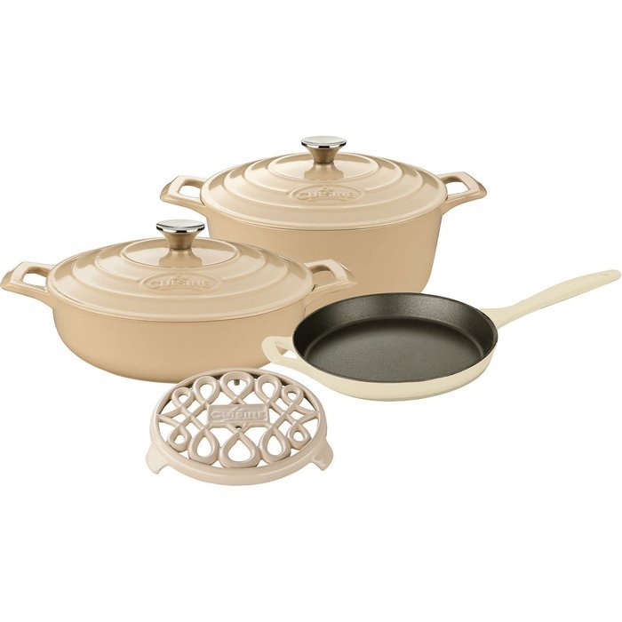La Cuisine LC 2885 6 Piece Enameled Cast Iron Round Casserole/Trivet Cookware Set, Cream