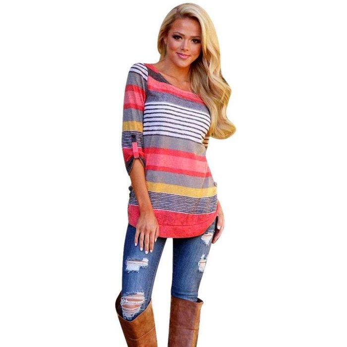 AIMTOPPY Fashion Women Stripe Loose Blouse Ladies Casual Tops T-Shirt (S, Red)
