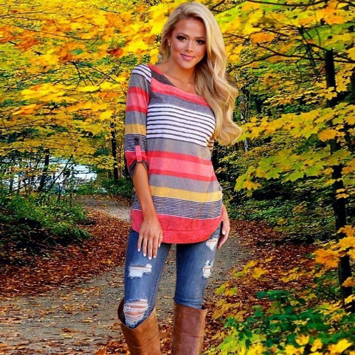 AIMTOPPY Fashion Women Stripe Loose Blouse Ladies Casual Tops T-Shirt (S, Red) N10