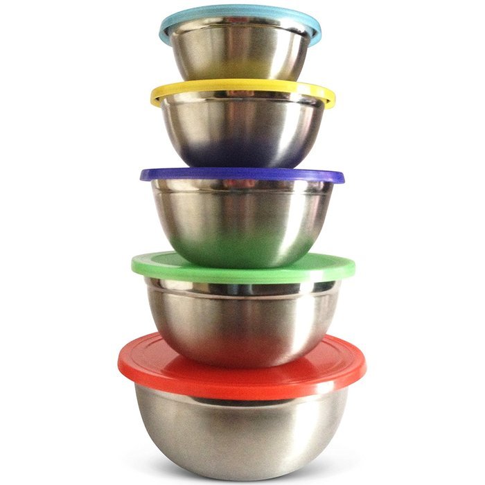 Lightweight Stainless Steel Storage Containers cum Mixing Bowls with Lids &ndash; 10 Piece Set, 5 Different Sized Bowls...