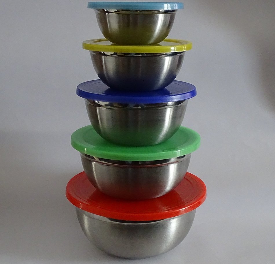 Lightweight Stainless Steel Storage Containers cum Mixing Bowls with Lids &ndash; 10 Piece Set, 5 Different Sized Bowls... N3