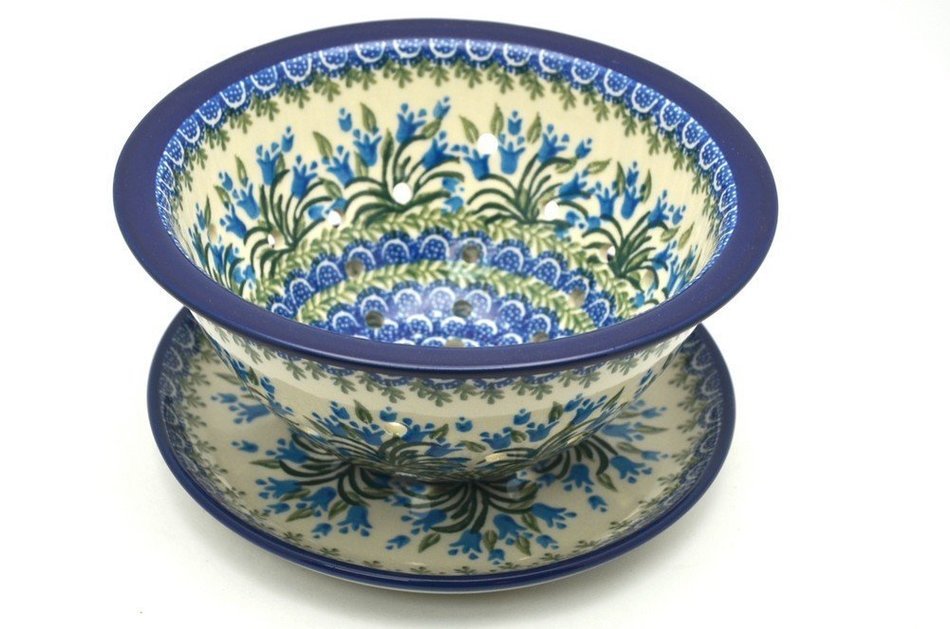 Polish Pottery Berry Bowl with Saucer - Blue Bells