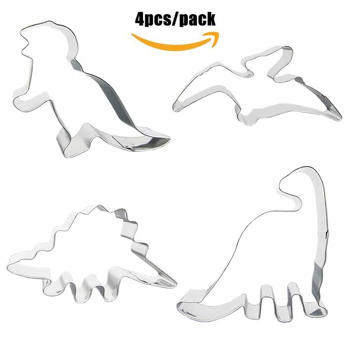 Baking Cookie Cutter Set, Dinosaur Mold, Set of 4pcs, Stainless Steel, by Delight eShop