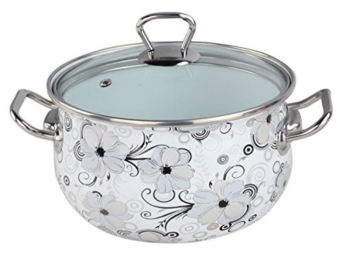 Europe Ware K1279/20 Enamel 4 quart Casserole Pan with Lid and Decorative Design, Large, White/Black