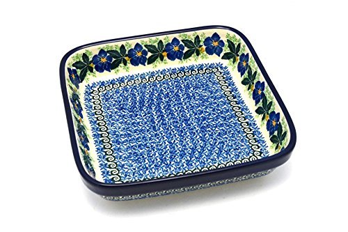 Polish Pottery Baker - Shallow Square - Small - Blue Pansy