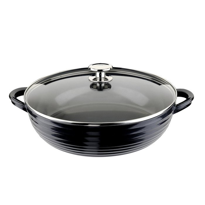 Portmeirion Sophie Conran Cast Aluminum Ceramic Coated Cookware Black Shallow Casserole with Glass Lid, 12.0 Inch