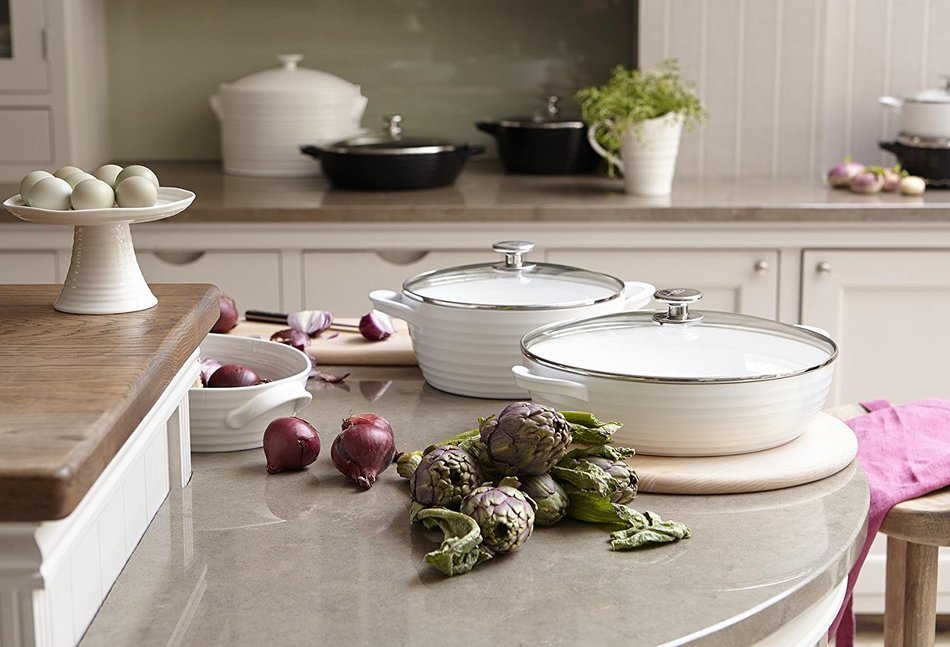 Portmeirion Sophie Conran Cast Aluminum Ceramic Coated Cookware Black Shallow Casserole with Glass Lid, 12.0 Inch N5