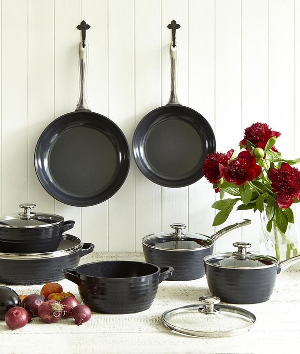 Portmeirion Sophie Conran Cast Aluminum Ceramic Coated Cookware Black Shallow Casserole with Glass Lid, 12.0 Inch N6
