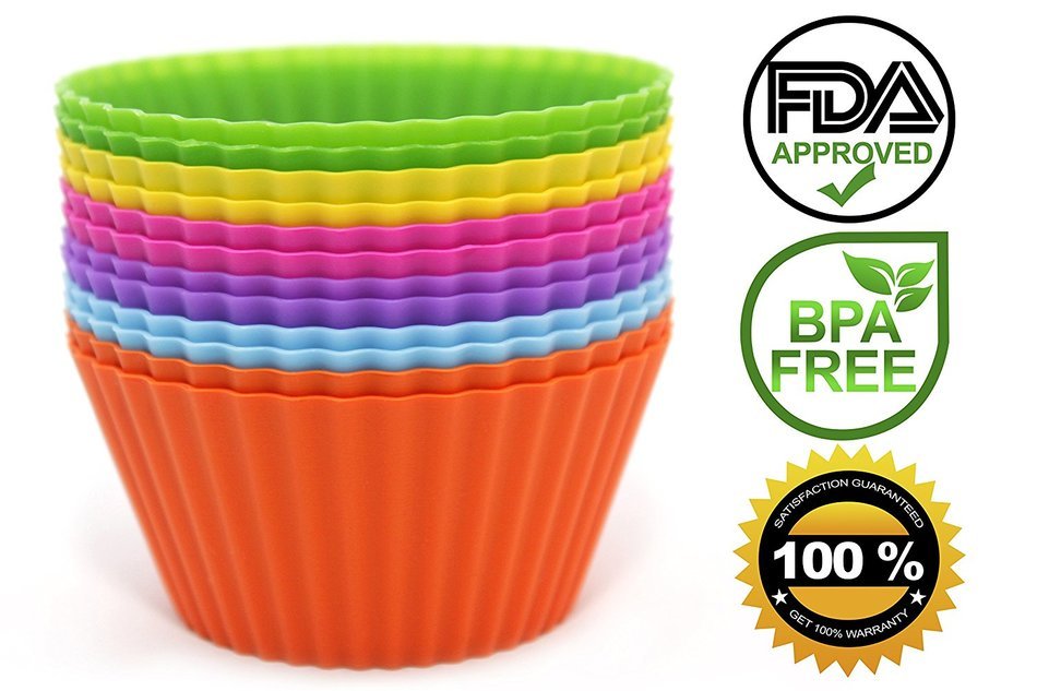 Venice Kitchen Silicone Baking Cups, 12 Reusable Non-stick Cupcake Liners, Free 50 Recipe Ebook and Storage Container