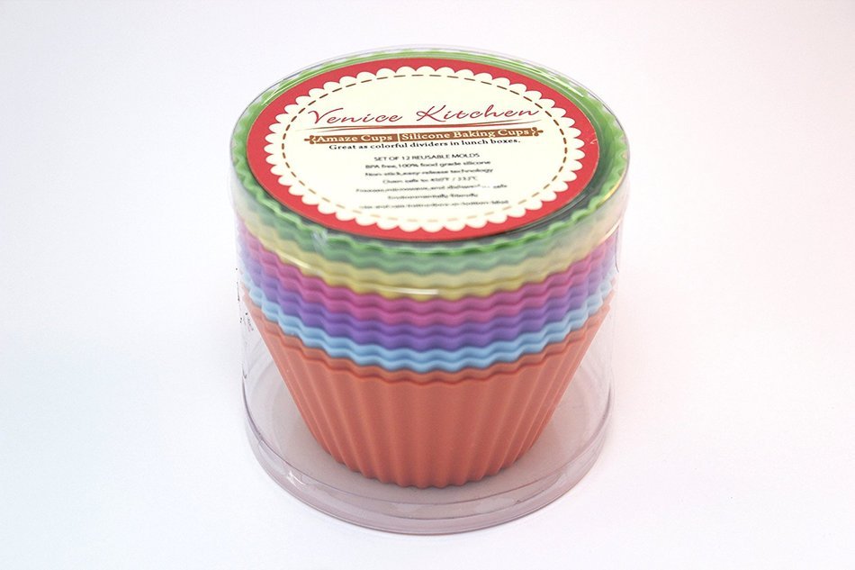 Venice Kitchen Silicone Baking Cups, 12 Reusable Non-stick Cupcake Liners, Free 50 Recipe Ebook and Storage Container N3