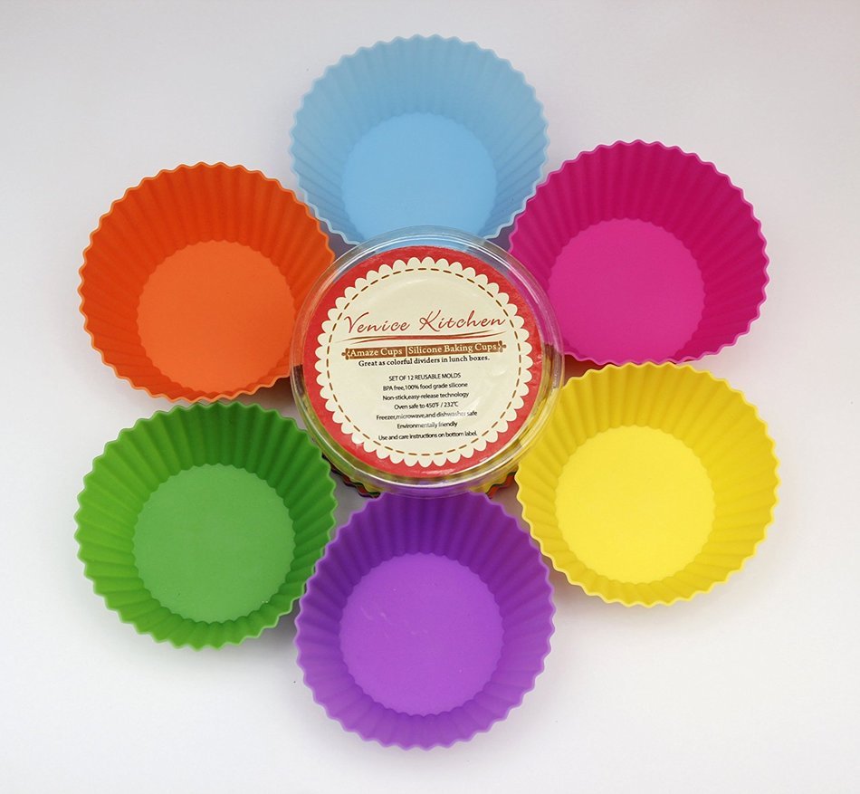 Venice Kitchen Silicone Baking Cups, 12 Reusable Non-stick Cupcake Liners, Free 50 Recipe Ebook and Storage Container N6