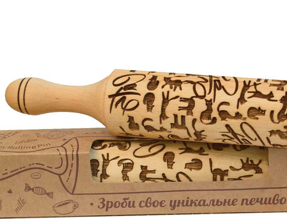 Embossing Rolling Pin Cat Pattern Engraved for Baking and Cookies 11.8" inch Length Hardwood birch wood Cats design