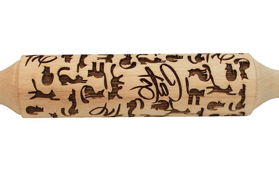 Embossing Rolling Pin Cat Pattern Engraved for Baking and Cookies 11.8" inch Length Hardwood birch wood Cats design N2