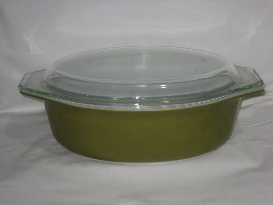 2 Piece Set - Vintage Verde Olive Green 2 1/2 Oval Cinderella Casserole Baking Dish w/ Clear Lid USA